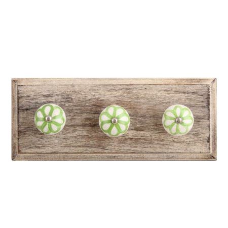 Lime Green Floral Crackle Ceramic Wooden Hooks